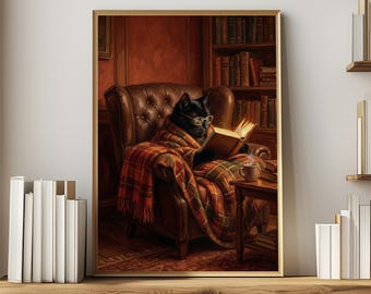 Cozy Reading Nook Cat Painting for Bookshelf Decor, Black Cat Art for Book Corner, Booklover Gift for Cat Lover