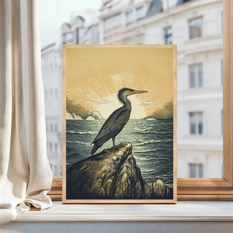 Linocut Print Cormorant Art Coastal Bird Art Sunrise Wall Art Beach House Wall Decor Ocean Print Beach Cottage Wall Art Seaside Nature Print Wildlife Wall Art Marine Art Nautical Home Decor