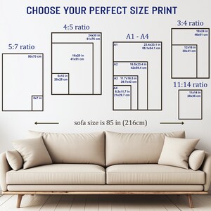 May include: A diagram showing different print sizes for artwork, with a sofa in the foreground. The sizes are listed in inches and centimeters, with the text "Choose Your Perfect Size Print" at the top. The sofa is 85 inches (216 cm) wide.