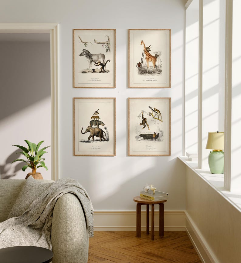 May include: Four framed vintage animal prints. The prints feature illustrations of a zebra, giraffe, elephant, and monkey. The illustrations are in a classic, antique style with a neutral color palette. The frames are a light brown color.