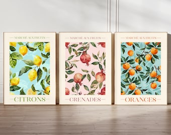 May include: Three framed prints with watercolor illustrations of lemons, pomegranates, and oranges. Each print has a white background with green leaves and the text "Marché aux fruits" at the top and the name of the fruit in French at the bottom.