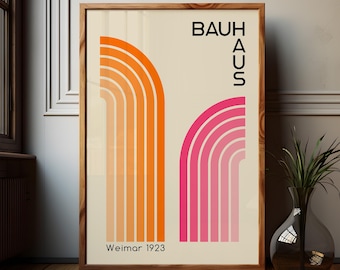 Bauhaus Art Orange and Pink Poster Exhibition Print, Mid Century Modern Wall Art for Minimalistic Office Decoration