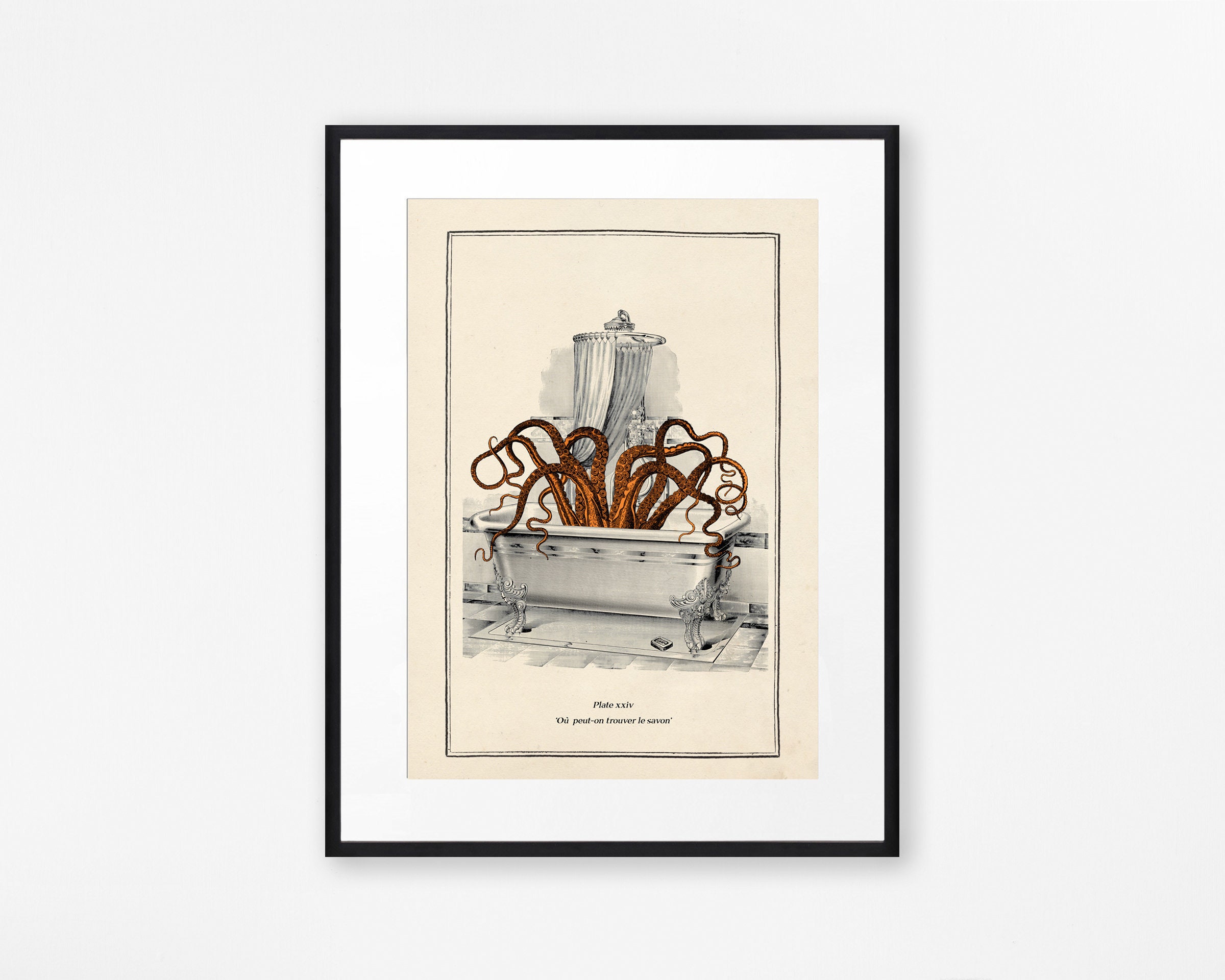Vintage Octopus in the Bath Print, Funny Bathroom Wall Art, Surreal G…