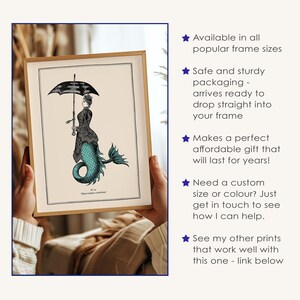 Vintage Style Mermaid Print Idea for Gothic Room Decor Mermaidcore Wall Art for Bathroom Steampunk Poster Powder Room Teal Accent image 4