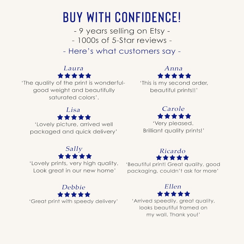 May include: A white background with the text "BUY WITH CONFIDENCE!" and customer reviews. The reviews are from Etsy customers and include phrases like "beautiful prints" and "great quality."