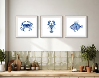 Seafood Print Set of 3 | Blue Lobster Crab Fish Kitchen Wall Art | Coastal Restaurant Decor | Watercolour Ocean Creatures Foodie Gift