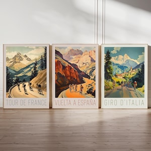 Póster de ciclismo vintage, impresión del Tour de Francia, arte mural de carreras de bicicletas, juego de regalo de ciclismo, 3 piezas, arte deportivo retro, Giro de Italia, Vuelta a España, decoración de bicicletas