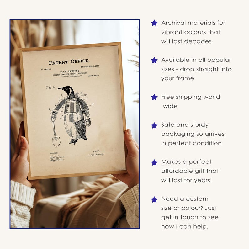 May include: A framed vintage print from the Patent Office featuring a penguin in a suit holding a shovel. The print has a sepia tone and is in a wooden frame. Text at the top reads "Patent Office" and "G.J.H. Kennest".
