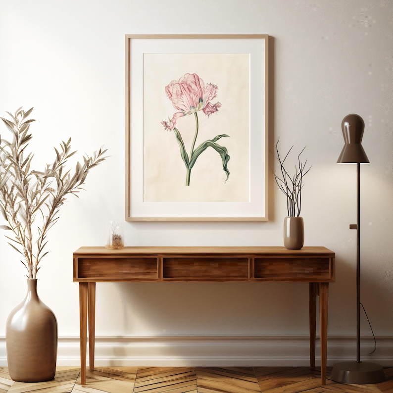 Botanisk väggkonst Vintage tulpantryck Vårdekoration Vardagsrumsinredning oramad Rosa Röd Blomma Naturkonst Sovrum Heminredning Blommor bild 6