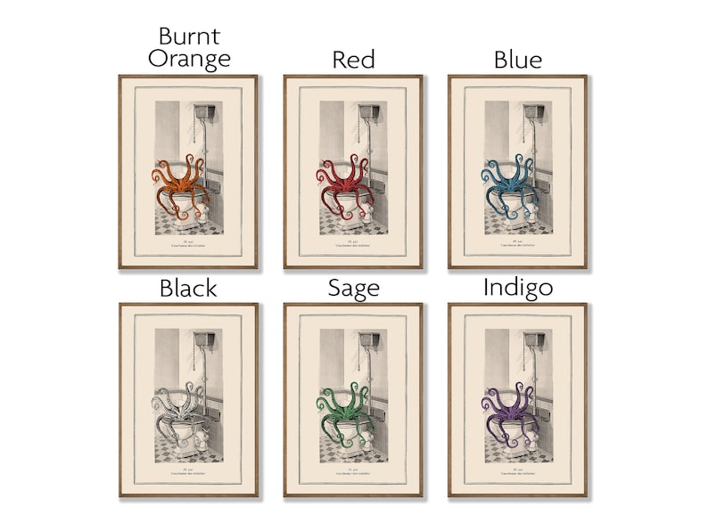 Puede incluir: Seis impresiones enmarcadas de un pulpo sentado en un inodoro. El pulpo es de diferentes colores: naranja quemado, rojo, azul, negro, salvia e &iacute;ndigo.