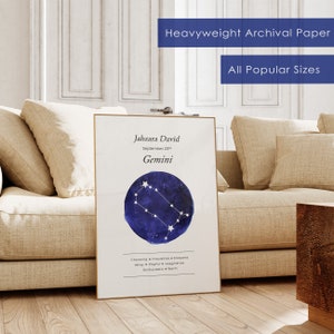 May include: A printable poster with a watercolor illustration of the Gemini constellation in blue and white. The poster includes the name "Jahzara David" and the date "September 23rd". The text below the constellation describes the Gemini personality traits: "Charming, Inquisitive, Eloquent, Witty, Playful, Imaginative, Enthusiastic, Warm."