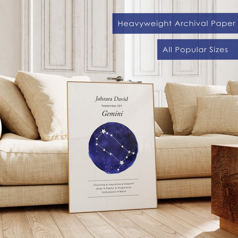 May include: A printable poster with a watercolor illustration of the Gemini constellation in blue and white. The poster includes the name "Jahzara David" and the date "September 23rd". The text below the constellation describes the Gemini personality traits: "Charming, Inquisitive, Eloquent, Witty, Playful, Imaginative, Enthusiastic, Warm."