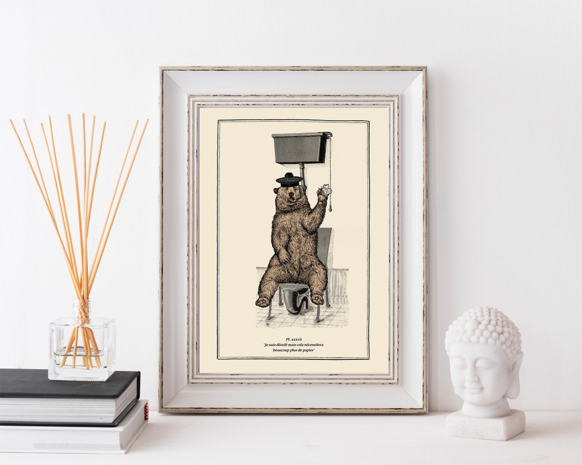 Funny Bear on Toilet Print Vintage Surreal Bathroom Art Etsy UK