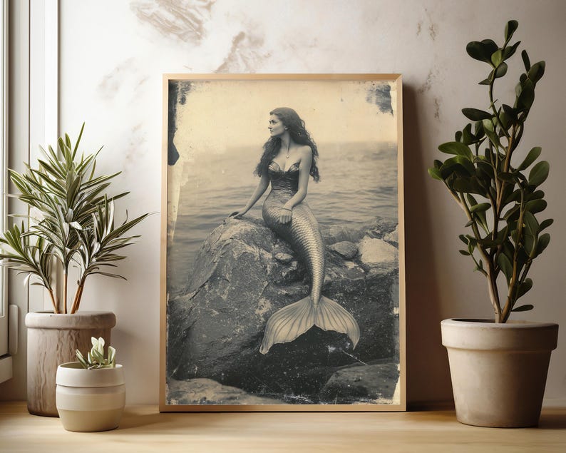 May include: A black and white vintage photograph of a mermaid sitting on a rock with her tail in the water. The mermaid is wearing a seashell bra and has long flowing hair.