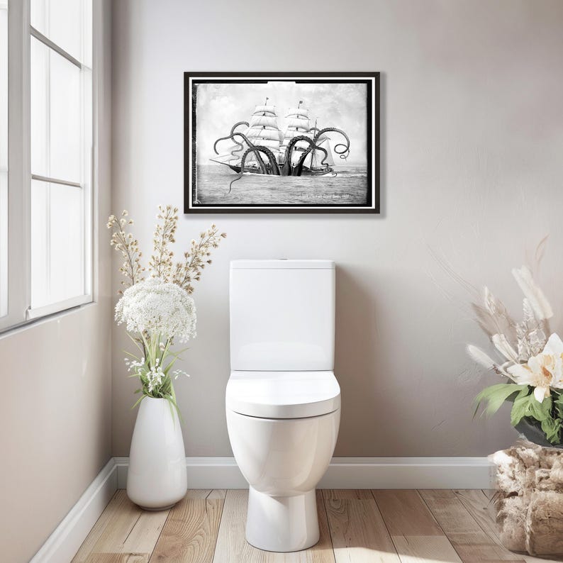 Eigenzinnige vintage nautische muurafdrukken set voor zeildecoratie grappige octopus kunst zeemonsters zwart wit surrealistische foto's grillig oceaanthema afbeelding 11