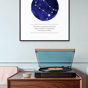 May include: A printable poster with a blue watercolor background featuring the Gemini constellation and the text "Jahzara David, September 23rd, Gemini". The poster also includes a list of personality traits associated with the Gemini zodiac sign: "Charming, Inquisitive, Eloquent, Witty, Playful, Imaginative, Enthusiastic, Warm."