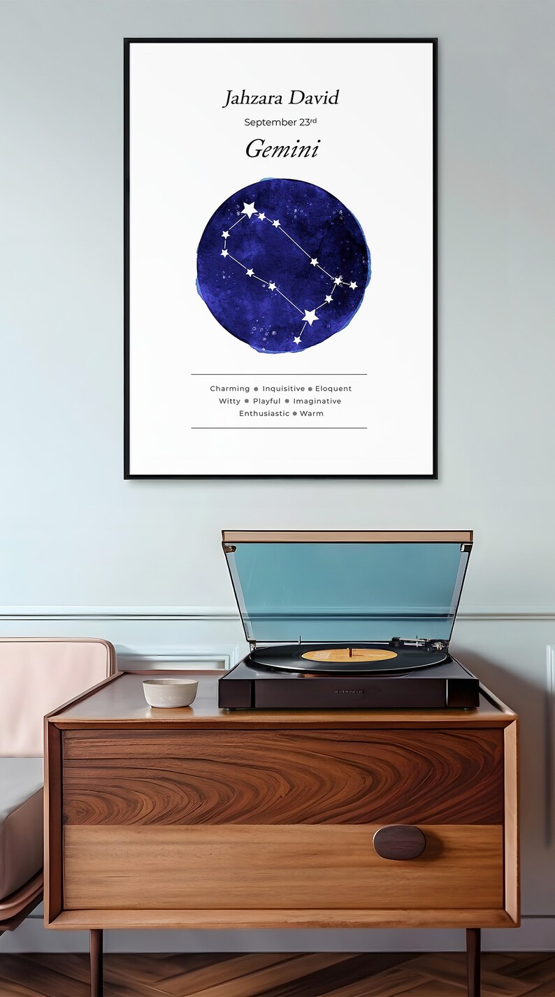 May include: A printable poster with a blue watercolor background featuring the Gemini constellation and the text "Jahzara David, September 23rd, Gemini". The poster also includes a list of personality traits associated with the Gemini zodiac sign: "Charming, Inquisitive, Eloquent, Witty, Playful, Imaginative, Enthusiastic, Warm."