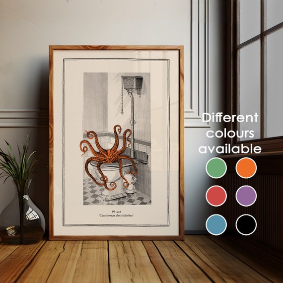 Bathroom Octopus Wall Art Funny Toilet Poster for Vintage Bathroom Quirky Steampunk Decor Surreal Vintage Horror Kraken Print