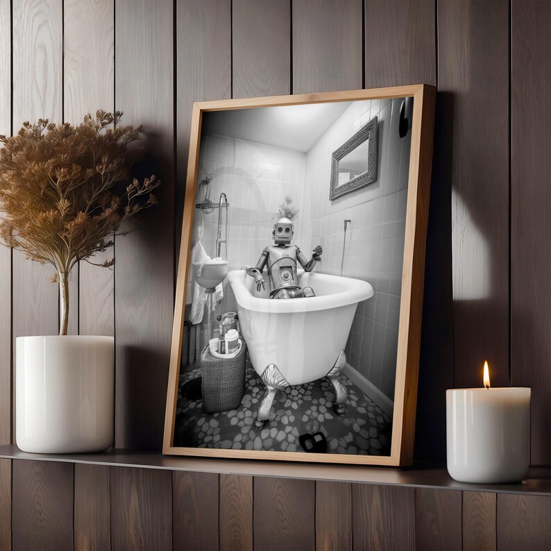 May include: A black and white photograph of a robot taking a bath in a white bathtub with four legs. The robot is wearing a shower cap and is sitting in the bathtub with its arms crossed. The bathroom is tiled in white and has a small mirror on the wall.