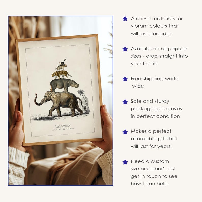 May include: A framed print featuring a vintage illustration of an elephant, hippopotamus, leopard, and monkey stacked on top of each other. The artwork is in a wooden frame and held by hands.