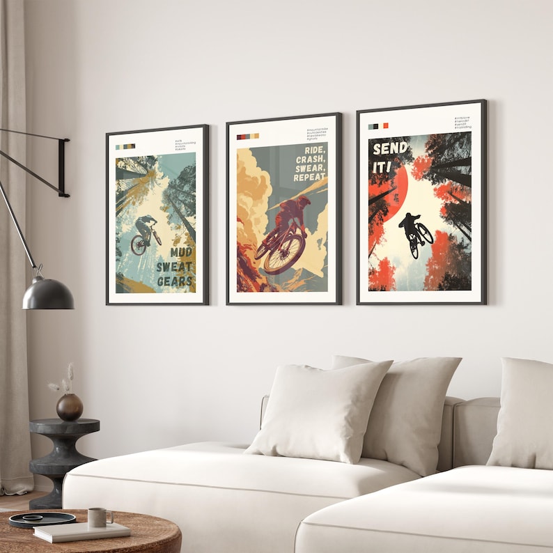 Cycling Gift Idea Mountain Bike Art Collection Three Motivational Prints Adventure Sport Theme Vintage Style Illustrations Perfect Present Mountain Biking Enthusiast Bike Shop Wall Decoration Matt Archival Paper Unframed Art Set Home Office