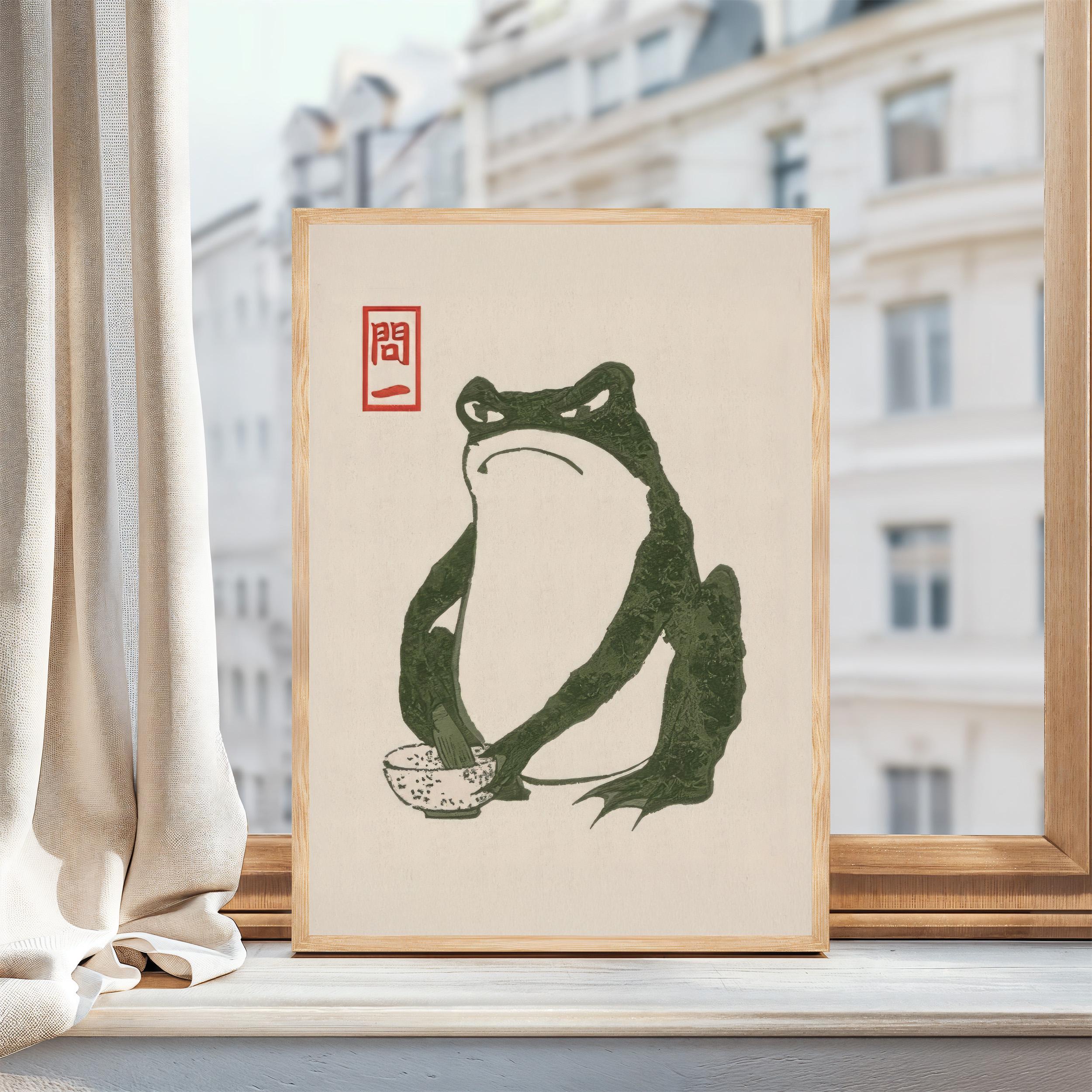Grumpy Frog Japanese Art Set of 2 Wood Block Prints, Wabi Sabi