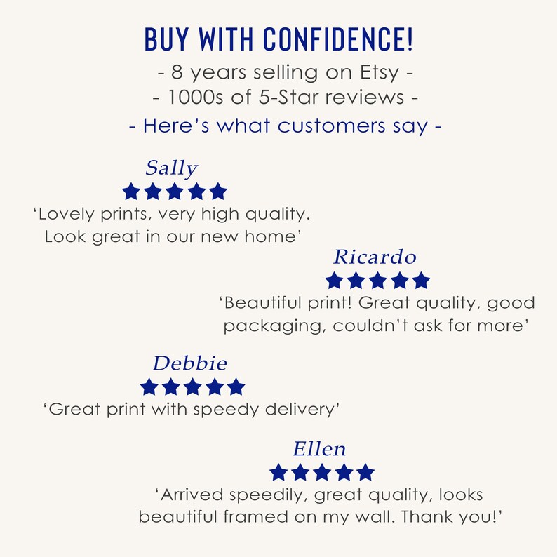 May include: A screenshot of customer reviews for an Etsy shop. The reviews are all positive and highlight the quality of the products and the speed of delivery. The text includes the following quotes: "Lovely prints, very high quality. Look great in our new home." "Beautiful print! Great quality, good packaging, couldn't ask for more." "Great print with speedy delivery." "Arrived speedily, great quality, looks beautiful framed on my wall. Thank you!"