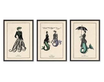 Vintage Mermaids, Set of 3 Prints, Steampunk Art, Surreal Gothic,