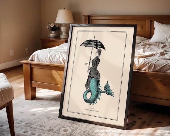 Vintage Style Mermaid Print Idea for Gothic Room Decor Mermaidcore Wall Art for Bathroom Steampunk Poster Powder Room Teal Accent