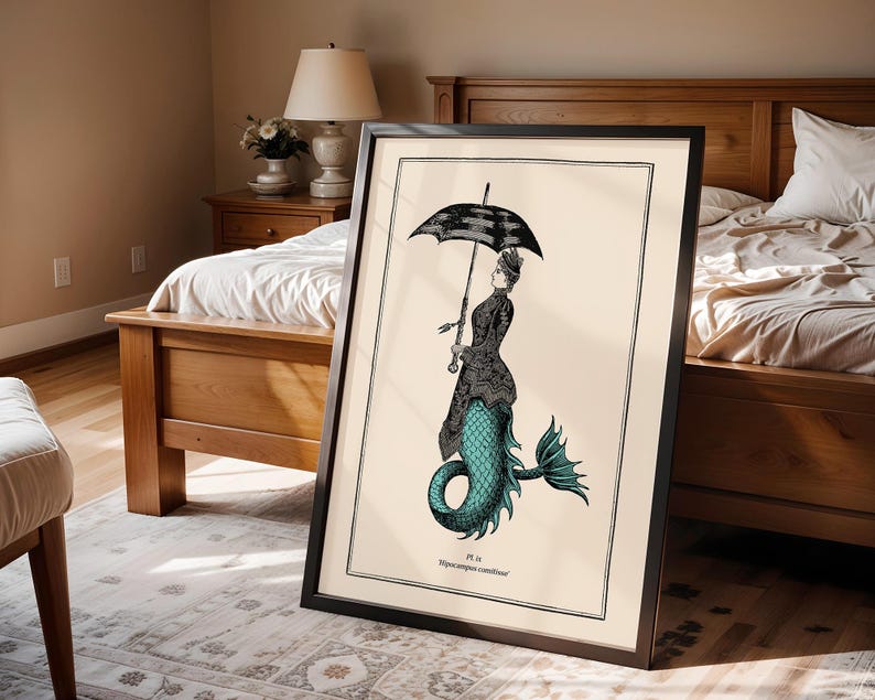 Vintage Style Mermaid Print Idea for Gothic Room Decor Mermaidcore Wall Art for Bathroom Steampunk Poster Powder Room Teal Accent image 1