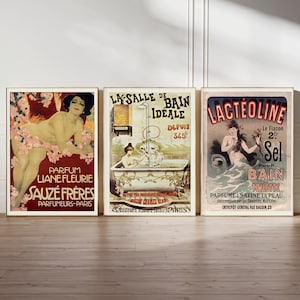 May include: Three vintage advertisements for bath products. The first ad features a woman in a floral dress and the text "Parfum Liane Fleurie Sauze Freres Parfumeurs-Paris". The second ad shows a woman in a bathtub with the text "La Salle de Bain Ideale Depuis 345 45. Boulevard Richard-Lenoir, Paris". The third ad features a mermaid with the text "Lacteoline Le Flacon 2fr Sel Pour Bain Toilette Parfume & Satine La Peau Recommandé par les Célébrités Médicales Entrepôt Général Rue Baudin 29".