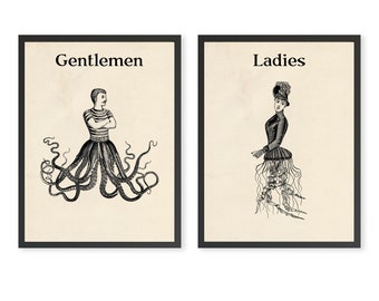 Funny Bathroom Wall Art, Quirky Bathroom Signs, Ladies and Gentlemen Signs, Set of 2 Prints, Bathroom Prints, Vintage Bathroom Decor