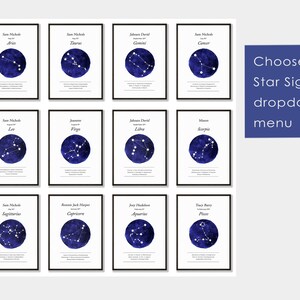 May include: A set of 12 printable star sign posters with a blue watercolor background and white stars. Each poster features a different zodiac sign with the name of the sign and the dates of the sign. The text "Choose your Star Sign in dropdown menu" is at the bottom right of the image.