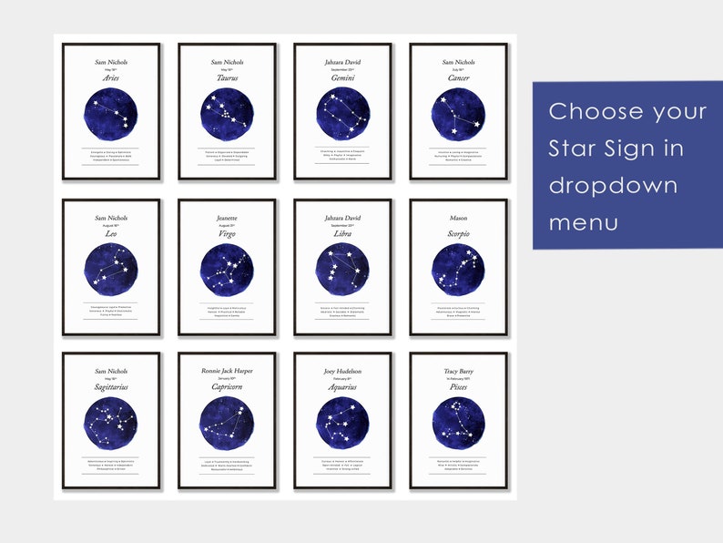 May include: A set of 12 printable star sign posters with a blue watercolor background and white stars. Each poster features a different zodiac sign with the name of the sign and the dates of the sign. The text "Choose your Star Sign in dropdown menu" is at the bottom right of the image.