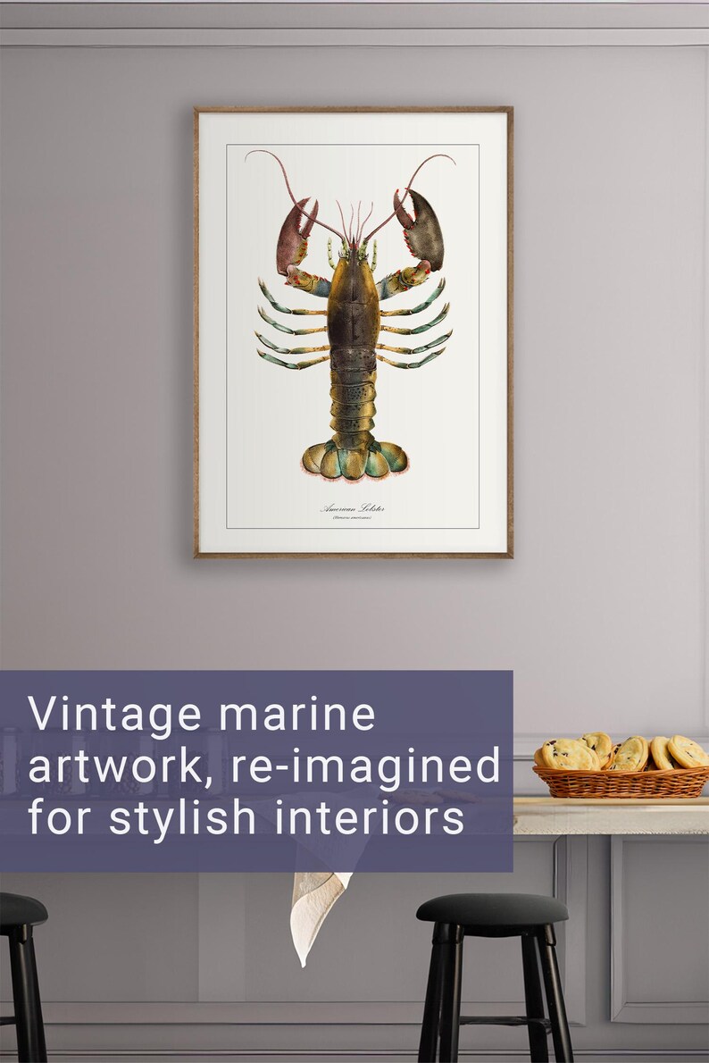 Vintage Coastal Decor Bathroom Art Sea Life Print for Academia Decor Olive Green Wall Art Lobster Print for Vintage Kitchen Restaurant Decor image 6
