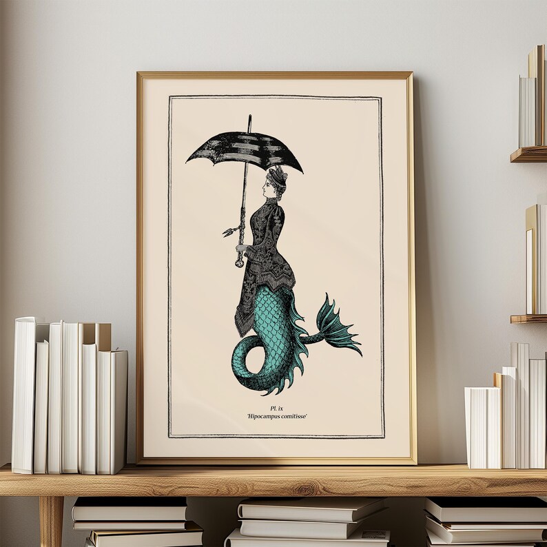 May include: A vintage illustration of a mermaid holding an umbrella. The mermaid is wearing a black dress and has a teal tail. The illustration is in black and white with a teal accent color. The text below the image reads "Pl. IX Hippocampus comitatus".