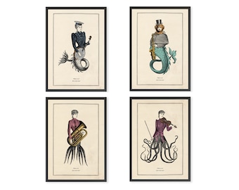 Surreal Vintage Music Print Set Set of 4 Funny Sea Monster Musical Prints Vintage Octopus Prints Steampunk Music Print Set