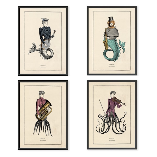 Surreal Vintage Music Print Set, Set of 4 Funny Sea Monster Musical Prints, Vintage Octopus Prints, Steampunk Music Print Set