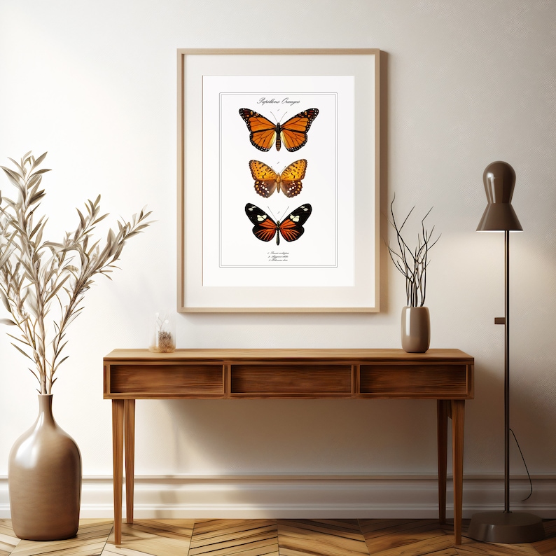 May include: A framed print of three butterflies with orange and black wings. The print is titled "Lepidoptera Orange" and is displayed on a wooden console table with a vase of dried branches.