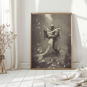 Beach House Wall Decor Vintage Mermaid Print Nautical Theme Artwork Coastal Style Design Maritime Scene Collection Black White Giclee Ocean Art Classic Bathroom Decor Beautiful Underwater Scene Elegant Home Accent