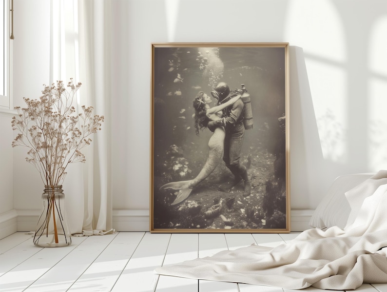 Beach House Wall Decor Vintage Mermaid Print Nautical Theme Artwork Coastal Style Design Maritime Scene Collection Black White Giclee Ocean Art Classic Bathroom Decor Beautiful Underwater Scene Elegant Home Accent