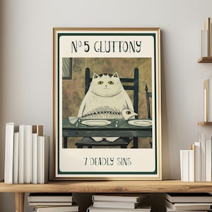 Whimsical Wall Art Medieval Cat Print Kitchen Decor Dining Room Accent Gothic Style Home Design White Cat Portrait Fish Skeleton Theme Gallery Wall Collection Unique Animal Art Present Perfect Gift Cat Lover Funny Whimsical Design