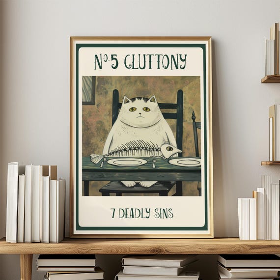 Whimsical Wall Art Cat Lover Home Decor Kitchen Accent Medieval Style Goth Print Funny Design Dining Room Gallery Wall Animal Art Present