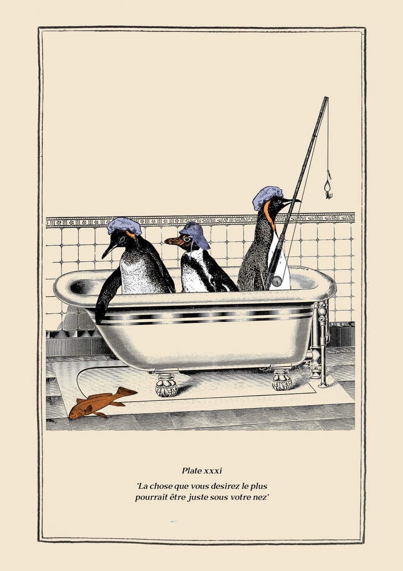 Funny Penguins in Bath Tub Print Vintage Surreal Bathroom Art | Etsy