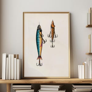 May include: A framed print featuring two vintage fishing lures. The lures are detailed with blue, orange, and brown colors, and each has multiple treble hooks. The artwork is displayed in a gold frame, suggesting a decorative piece for a fishing enthusiast.