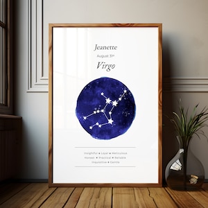 Gepersonaliseerde Maagd sterrenkaart print voor dierenriem verjaardagscadeau horoscoop poster aangepaste sterrenbeeld kunst aan de muur voor tienermeisje kamer decor