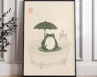 Funny Frog Bathtub Print, Vintage Japanese Style Frog Bathroom Wall Art, Whimsical Cottagecore Bathroom Poster