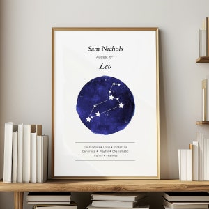Cadeau d'anniversaire personnalisé signe du zodiaque pour Lion, nouveau-né, impression constellation, cadeau d'art du zodiaque personnalisé, carte du ciel astrologique