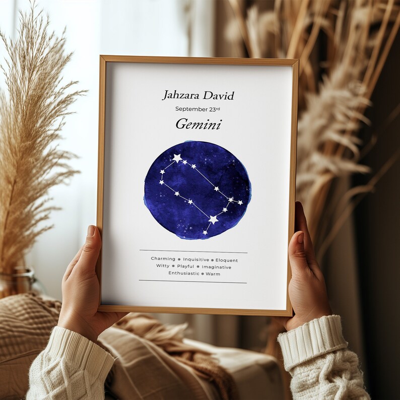 May include: A framed print with a blue watercolor background and white stars forming the Gemini constellation. The text "Jahzara David, September 23rd, Gemini" is at the top of the print. Below the constellation, the text "Charming, Inquisitive, Eloquent, Witty, Playful, Imaginative, Enthusiastic, Warm" is printed.