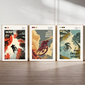 Mountain Bike Art Print Set Vintage Style Illustrations Three Unframed Prints Matt Archival Paper Motivational Cycling Phrases Adventure Theme Wall Decoration Bike Shop Display Man Cave Art Home Office Decor Perfect Cyclist Gift Mountain